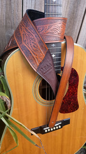 Leather Guitar Strap Western Hand Tooled With Suede Liner Adjustable