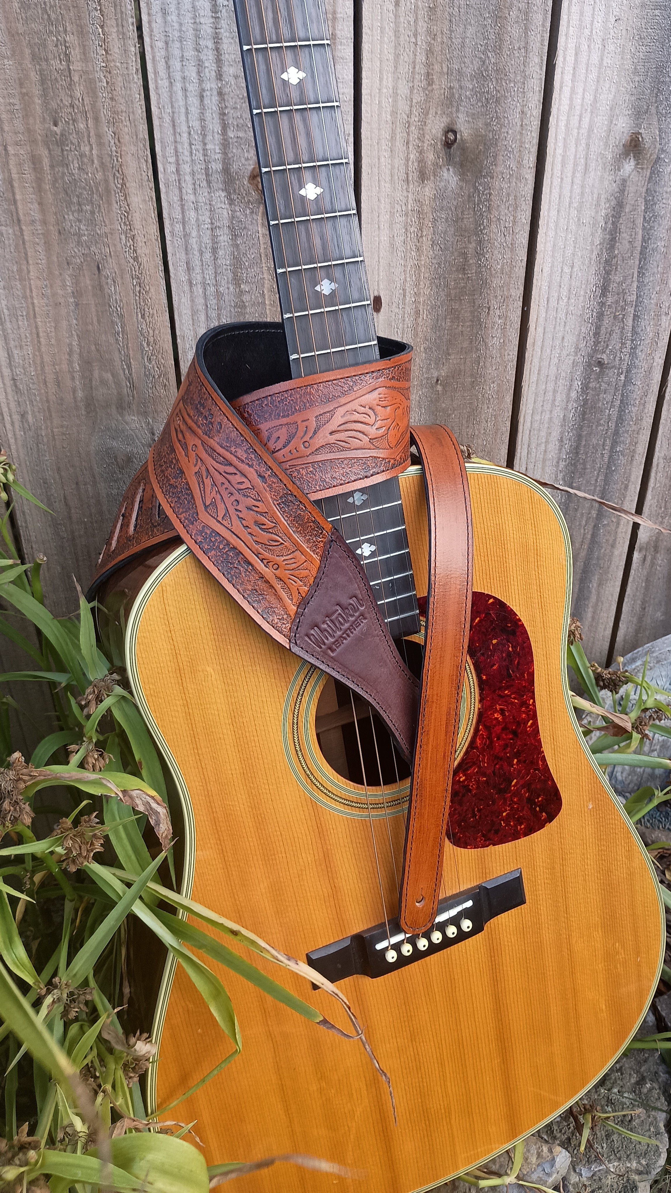Leather Guitar Strap Western Hand Tooled With Suede Liner Adjustable