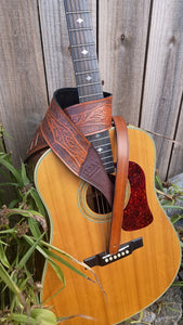 Leather Guitar Strap Western Hand Tooled With Suede Liner Adjustable