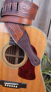 Leather Guitar Strap Western Hand Tooled With Suede Liner Adjustable