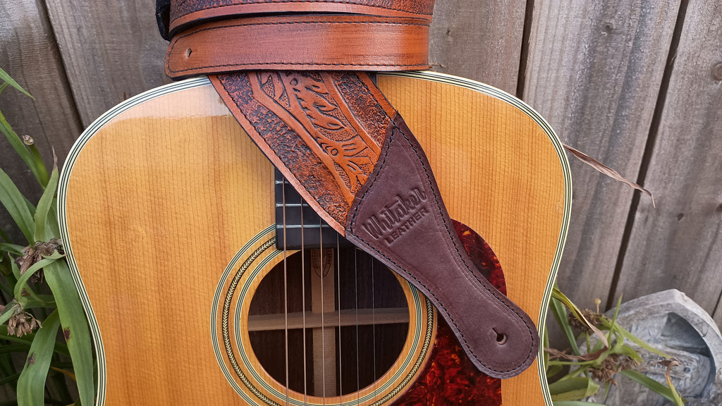 Leather Guitar Strap Western Hand Tooled With Suede Liner Adjustable
