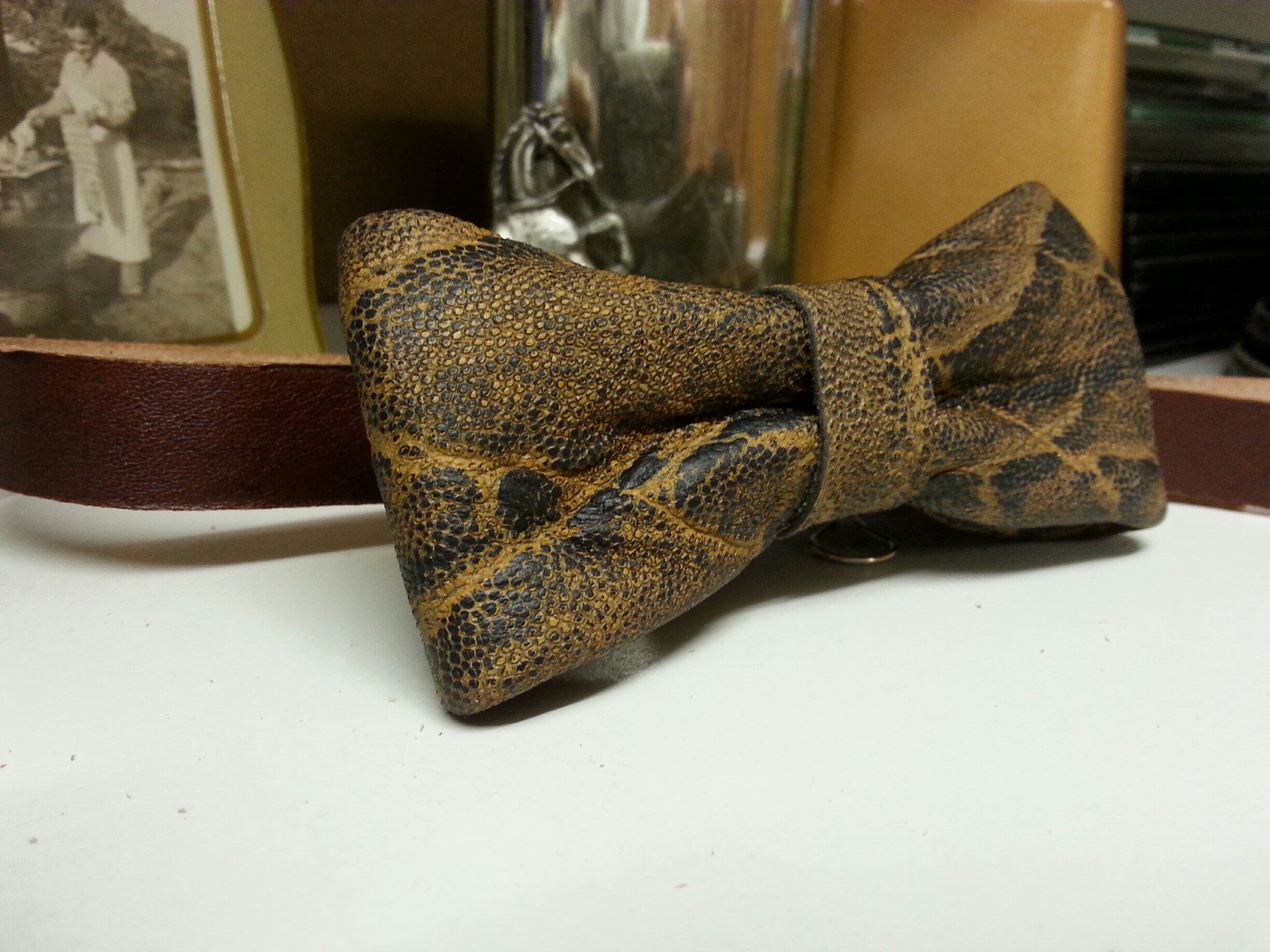 Elephant Print Leather Bow Tie