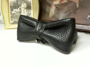 Perforated Black Leather Bow Tie