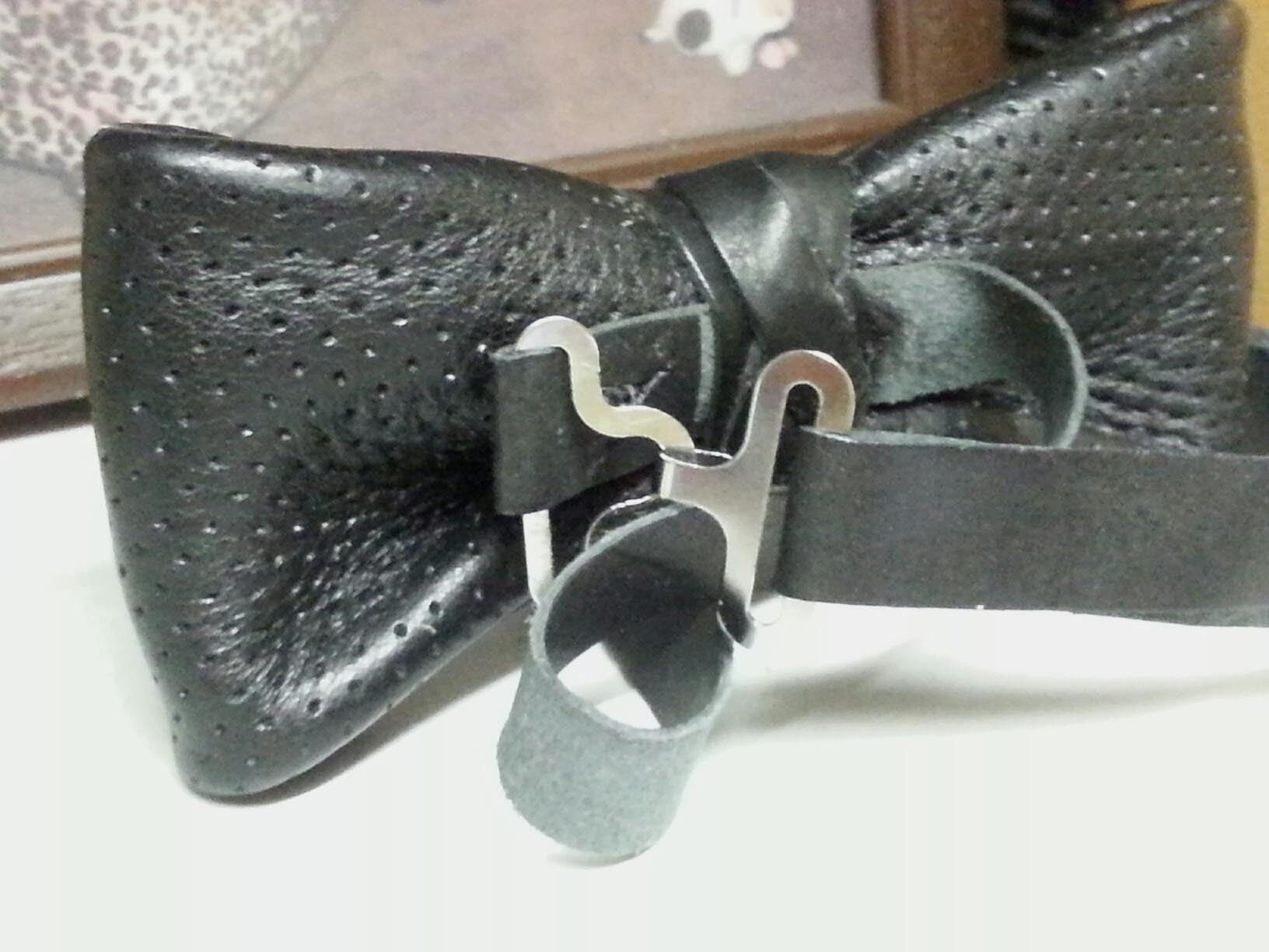 Perforated Black Leather Bow Tie