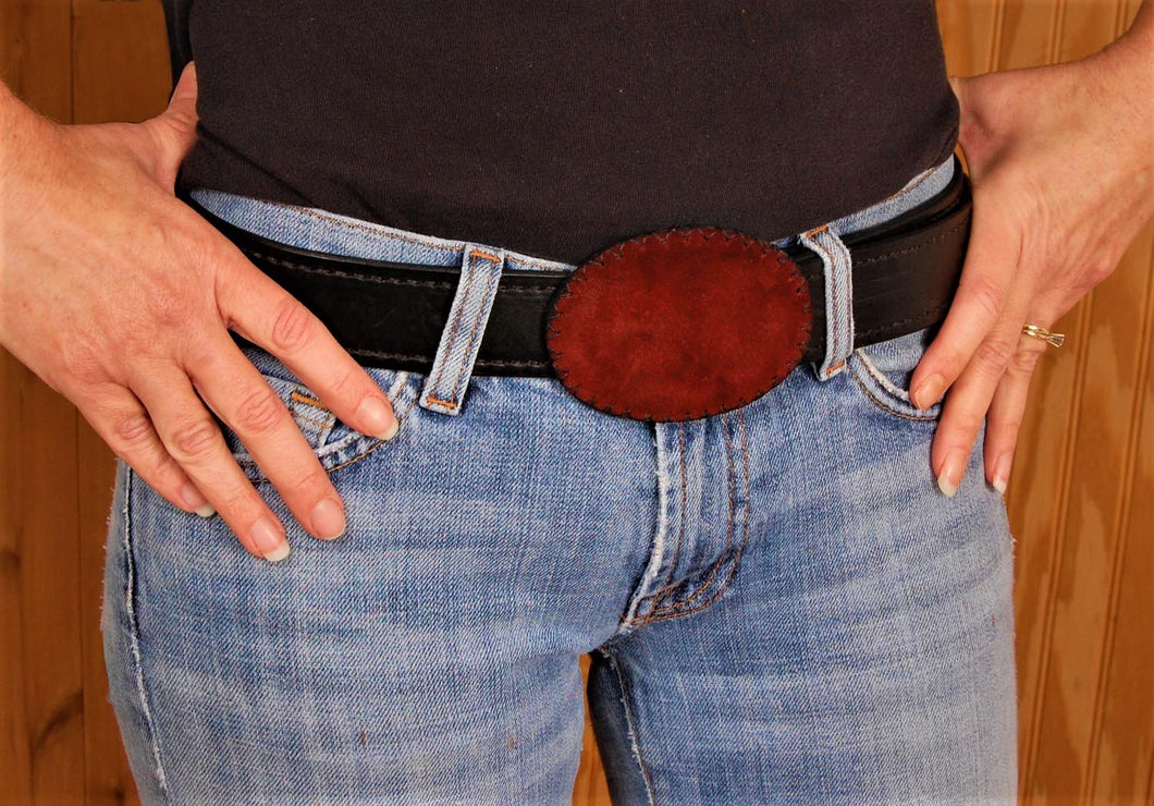 Burgundy Red Suede Covered Belt Buckle Made in USA perfect Gift for Cowgirl Cowboy