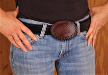 Double Looped Leather Wrapped Belt Buckle with Basket Tooling