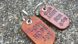 Custom Leather Dog Tag Choose from Ten Messages or Pick your own - Hand cut, hand stamped, hand dyed, perfect gift for Christmas Made in USA